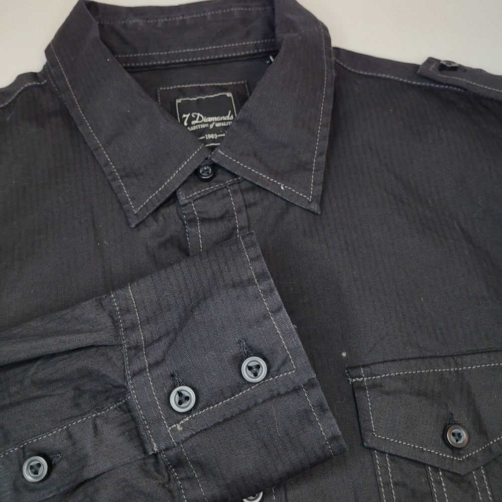 7‎ Diamonds Button Down Shirt Mens L Black Excellent Military Epaulets Stretch